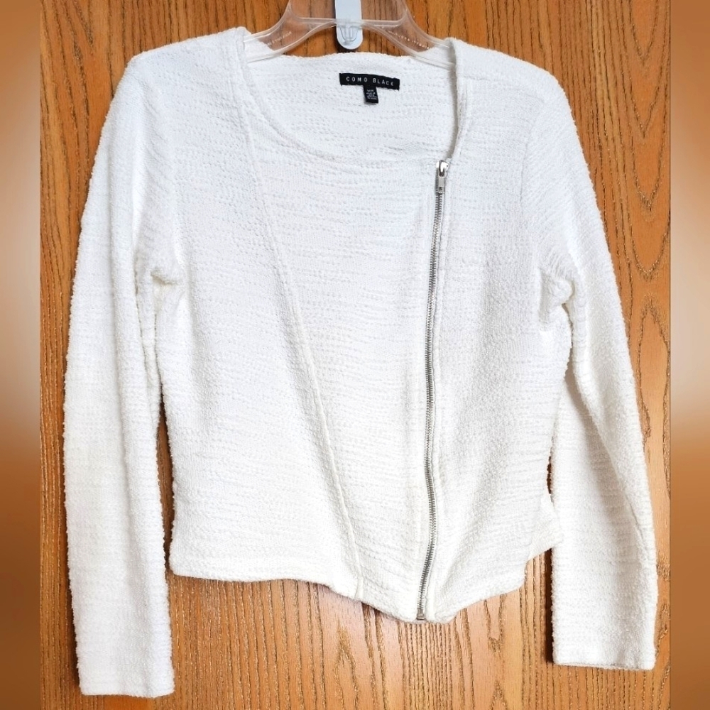 Como Black Size M Sweater-Jacket Full Zip Bright White Long Sleeves 100% Cotton